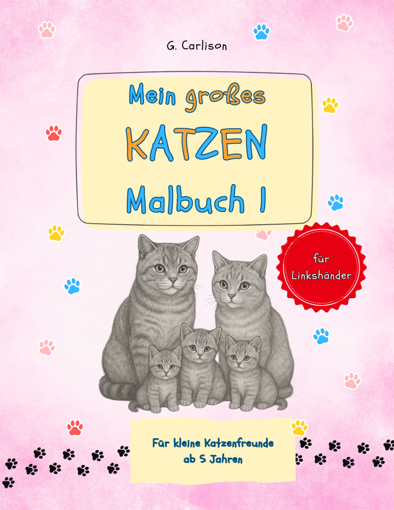 Cover des linkshändigen Malbuchs „Mein großes Katzenmalbuch“ von G. Carlison, Ausmalbilder mit linkshänderfreundlicher Bindung für Kinder ab