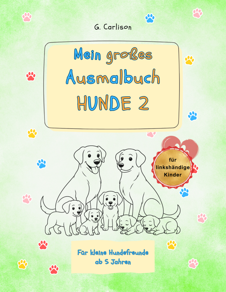 Cover des linkshändigen Tier-Malbuchs von G. Carlison, kindgerechte Ausmalmotive mit ergonomischer Linkshänder-Bindung.