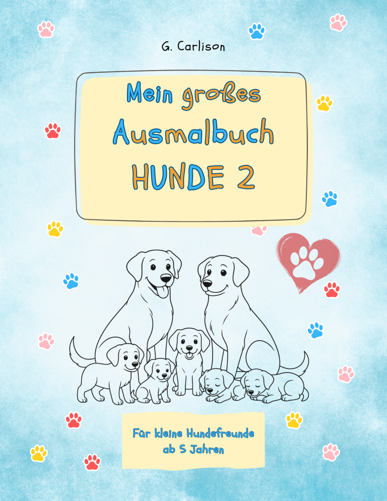 Cover des Hundemalbuchs von G. Carlison, klare schwarze Umrisszeichnungen für Kinder ab 5 Jahren.