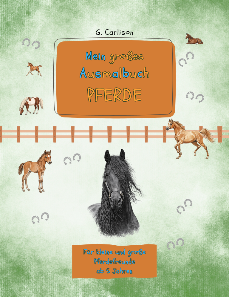 Cover des Malbuchs „Mein großes Katzenmalbuch“ von G. Carlison, kindgerechte Katzenausmalbilder ab 5 Jahren.