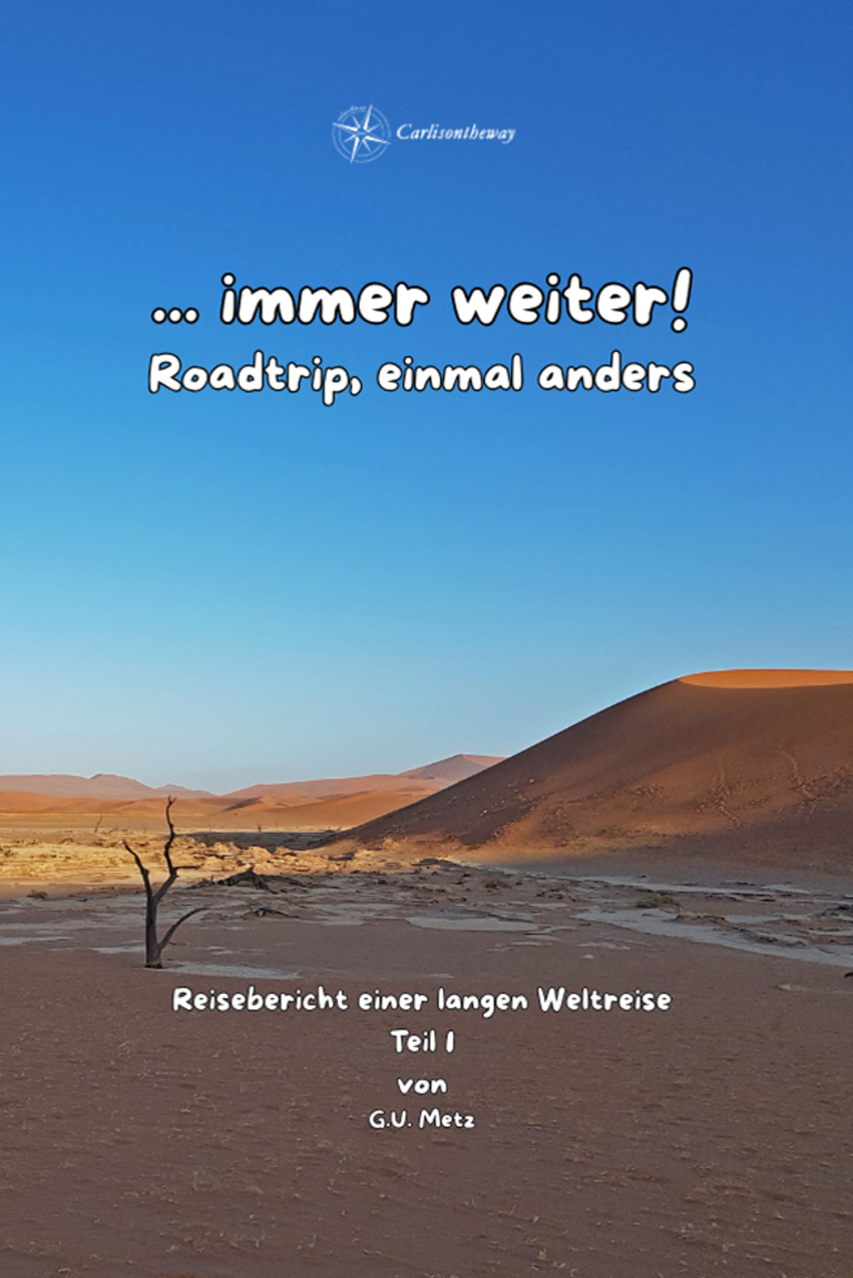 Cover des Reiseberichts „… immer weiter! – Roadtrip einmal anders, Teil 1“ von G. Carlison, Namibia-Landschaft.