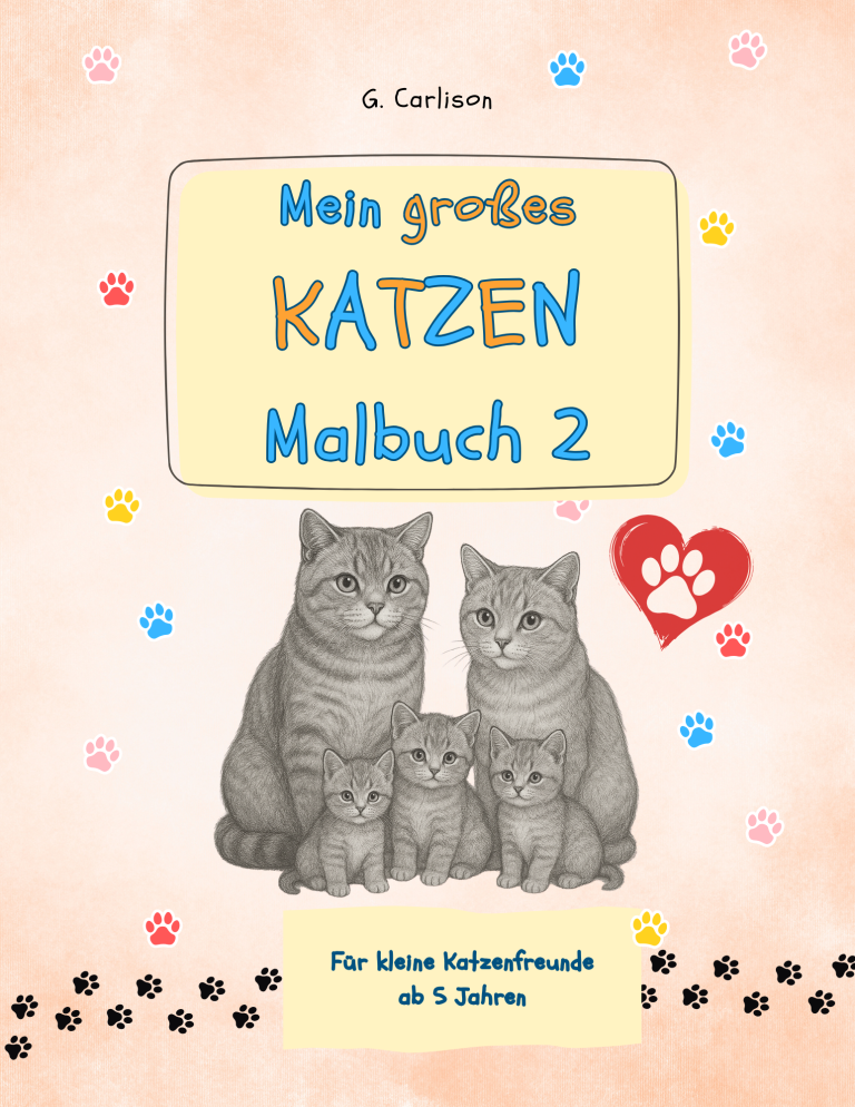 Cover des Malbuchs „Mein großes Katzenmalbuch“ von G. Carlison, kindgerechte Katzenausmalbilder ab 5 Jahren.