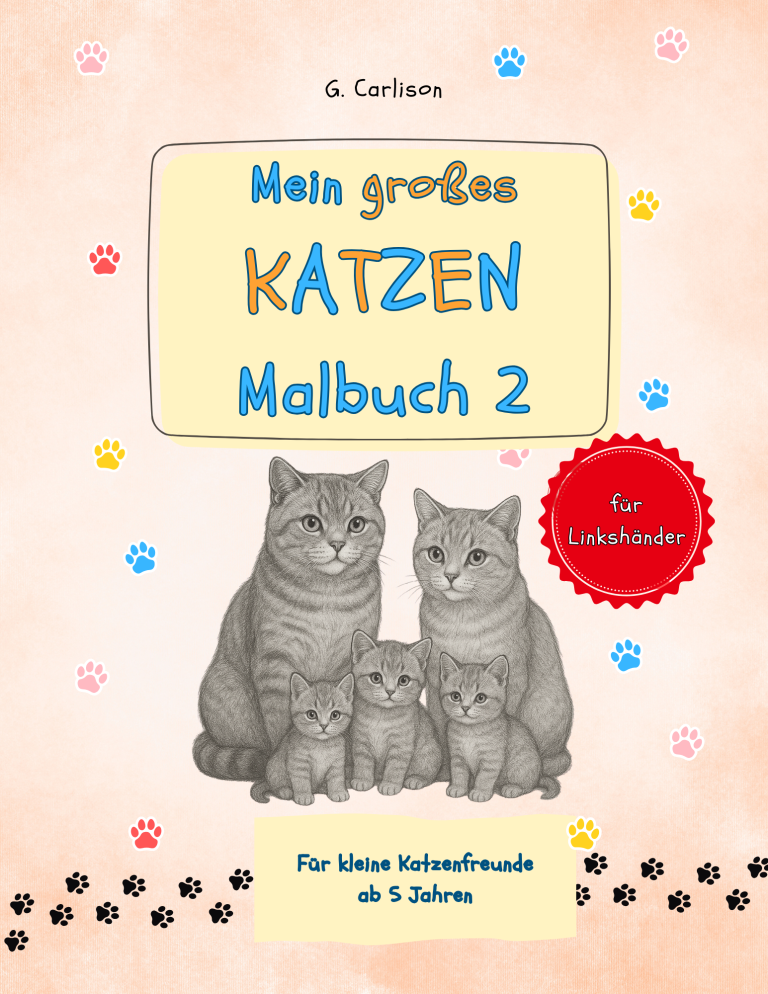 Cover des linkshändigen Malbuchs „Mein großes Katzenmalbuch“ von G. Carlison, Ausmalbilder mit linkshänderfreundlicher Bindung für Kinder ab