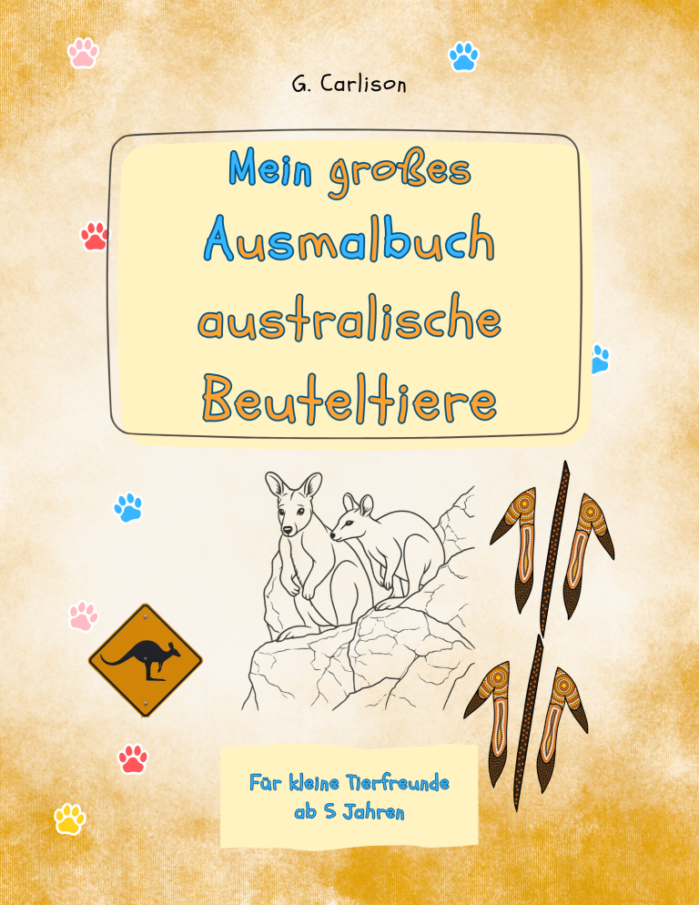 Cover des linkshändigen Malbuchs „Mein großes Katzenmalbuch“ von G. Carlison, Ausmalbilder mit linkshänderfreundlicher Bindung für Kinder ab