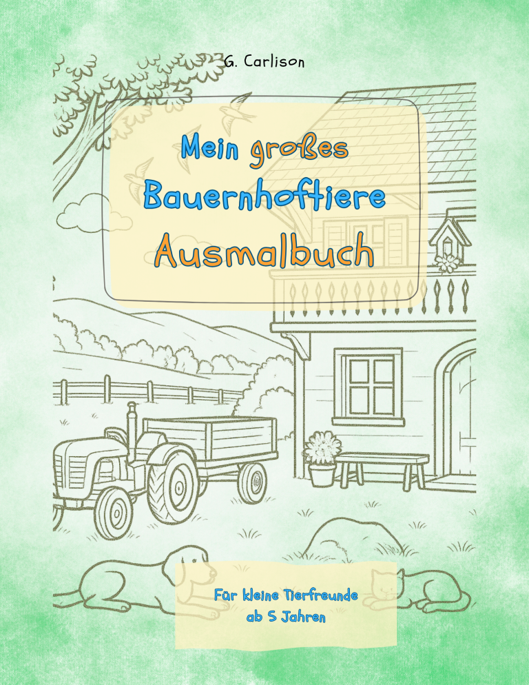 Cover des Malbuchs „Bauernhoftiere“ von G. Carlison, realistische und kindgerechte Ausmalbilder ab 5 Jahren.