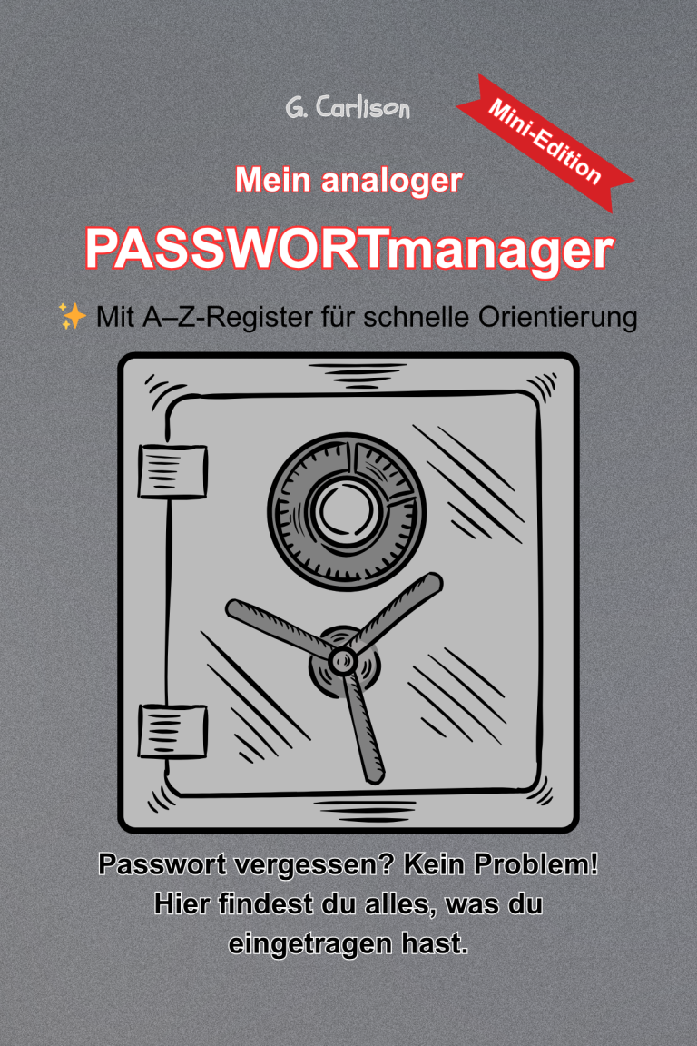 Cover des kreativen Notizbuchs von G. Carlison, liniertes Journal für Webadressen und Passwörter im Kleinformat