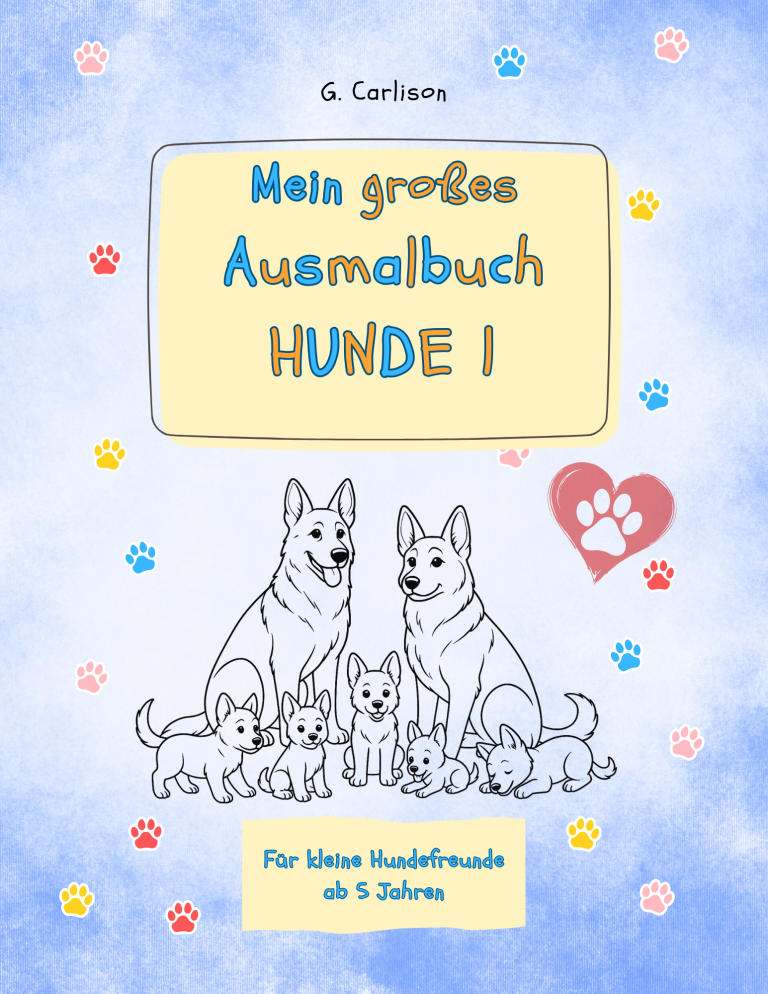 Cover des Hundemalbuchs von G. Carlison, klare schwarze Umrisszeichnungen für Kinder ab 5 Jahren.