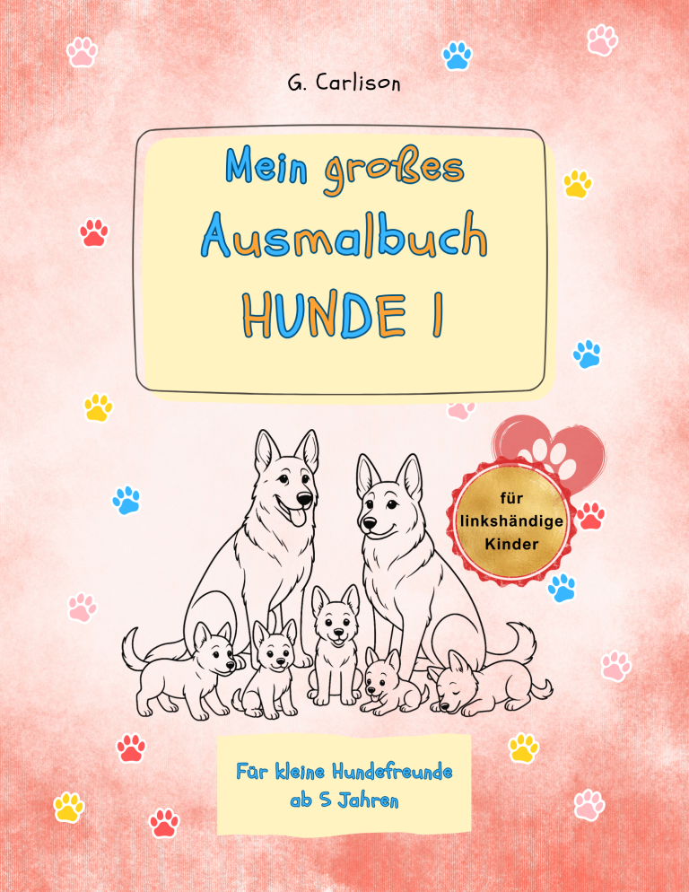 Cover des linkshändigen Tier-Malbuchs von G. Carlison, kindgerechte Ausmalmotive mit ergonomischer Linkshänder-Bindung.