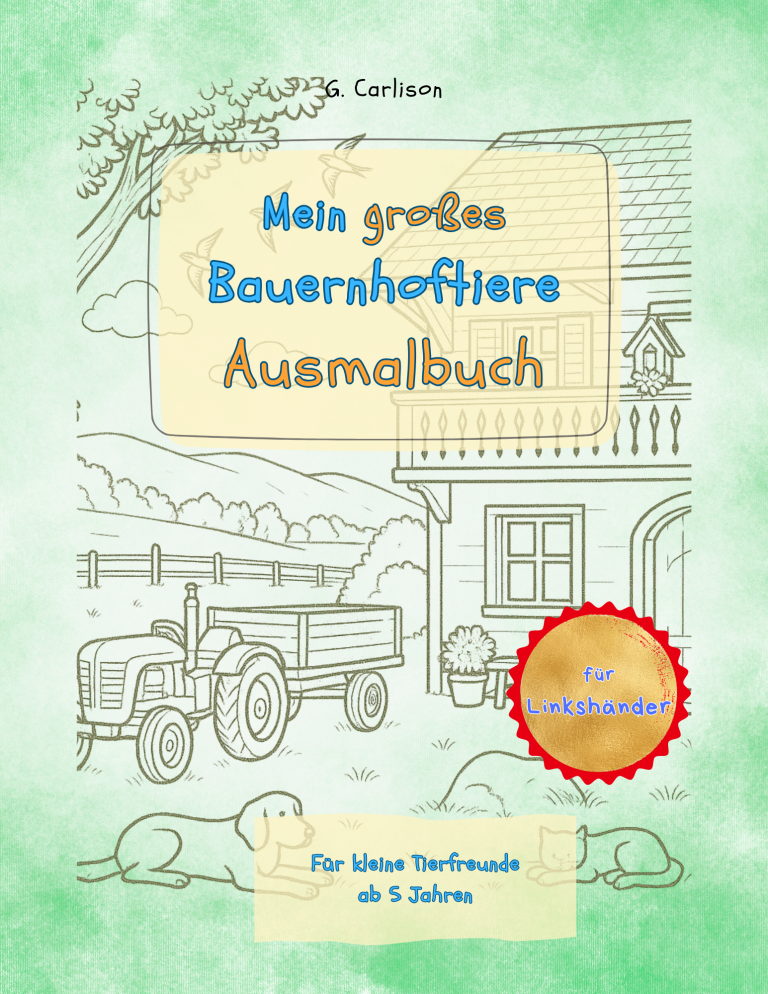 Cover des linkshändigen Malbuchs „Bauernhoftiere“ von G. Carlison, realistische Tiermotive mit linkshänderfreundlicher Bindung für Kinder ab